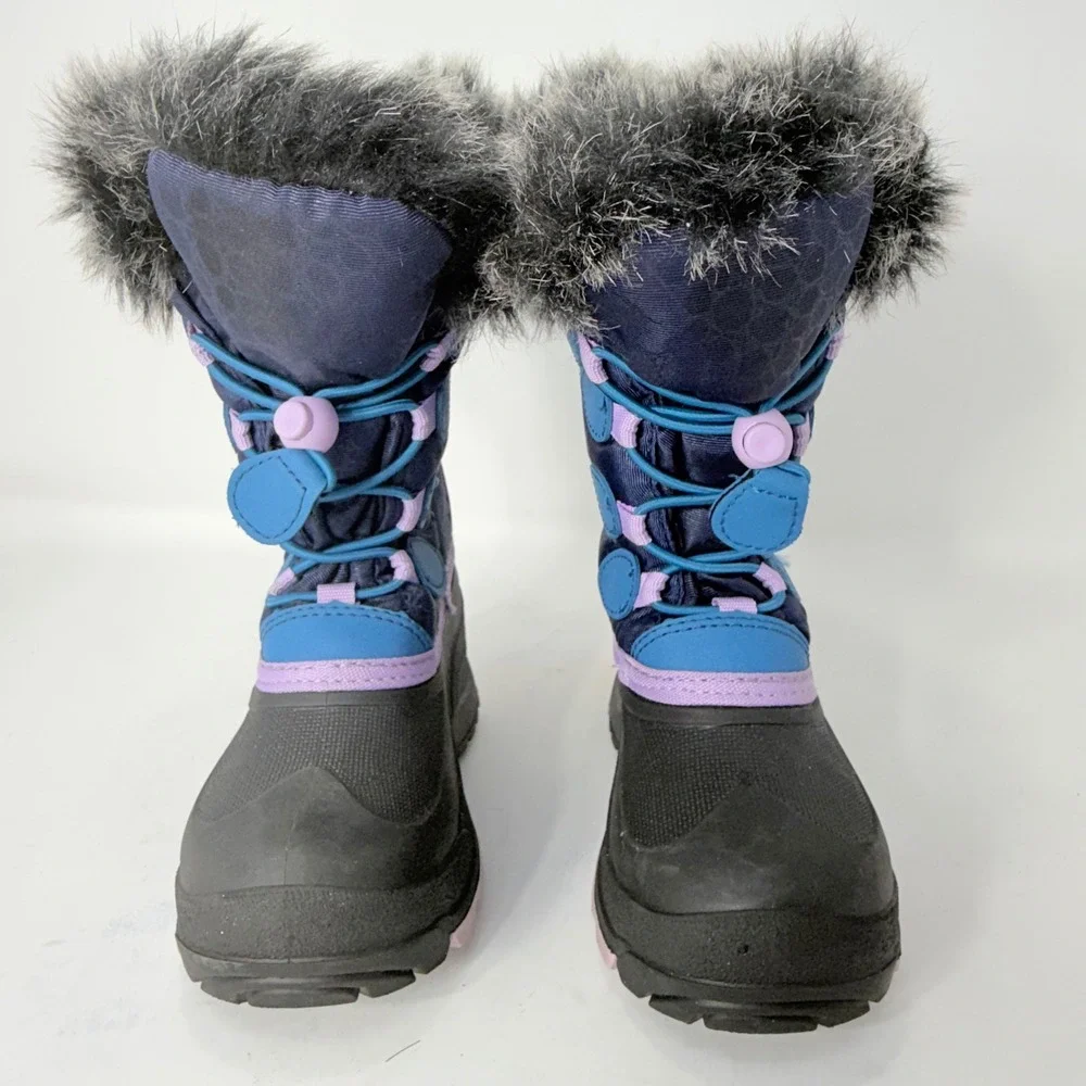 Kamik Kids Navy Blue Faux Fur Trim Waterproof Winter Snow Boots Bungee Toggle
